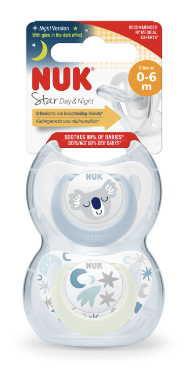 NUK Star Night & Day Baby Pacifier, 18 - 36 Months, Glow in the Dark Pacifiers, BPA - Free Silicone, 2 - Piece - Adenzo Comfies