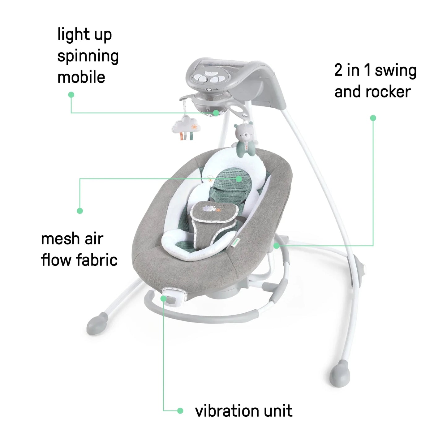 Ingenuity - Inlighten Soothing Electric Swing Cradle Lights Toys and Music - Adenzo Comfies