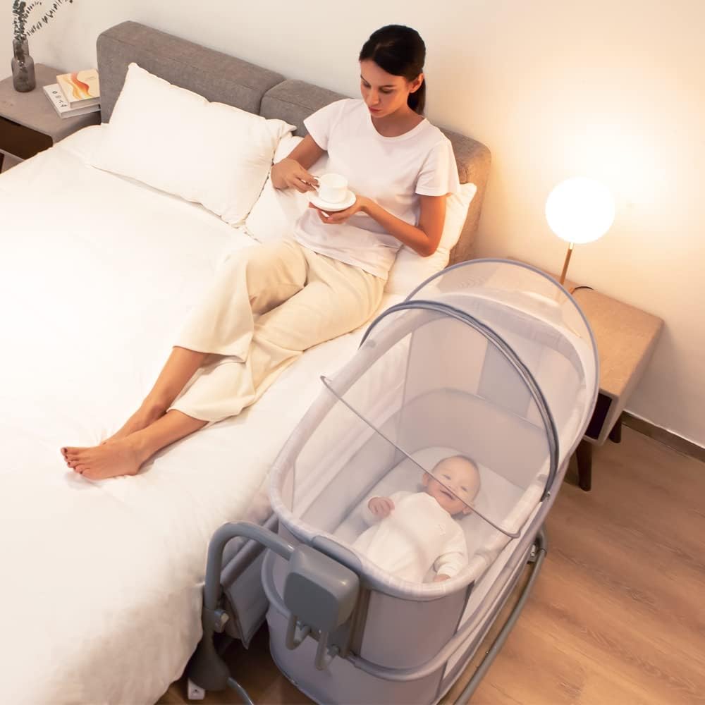 Mastela 3-in-1 Electric Swing Bedside Crib Intelligent Baby Bassinet Beside Sleeper Cradle，3 Kinds of Height Adjustment,5 Swing Speed, 3 Timing time, 15 Music, 5 Usage Modes…, Icelandic Blue Grey - Adenzo Comfies