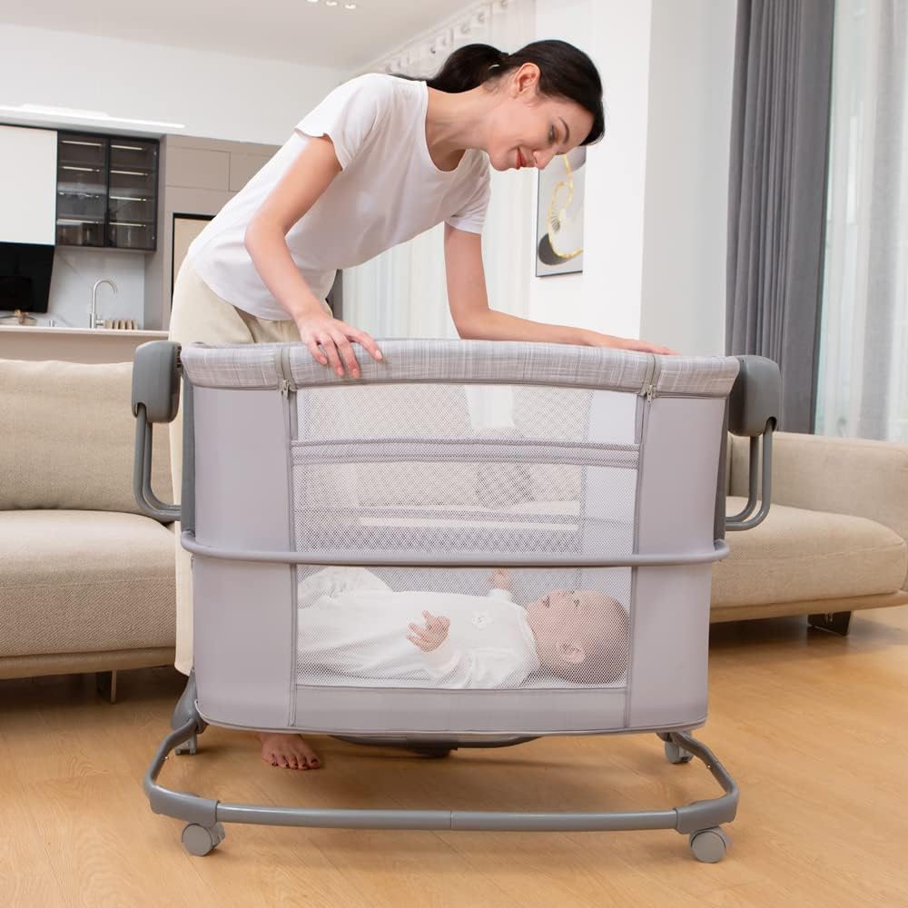 Mastela 3-in-1 Electric Swing Bedside Crib Intelligent Baby Bassinet Beside Sleeper Cradle，3 Kinds of Height Adjustment,5 Swing Speed, 3 Timing time, 15 Music, 5 Usage Modes…, Icelandic Blue Grey - Adenzo Comfies