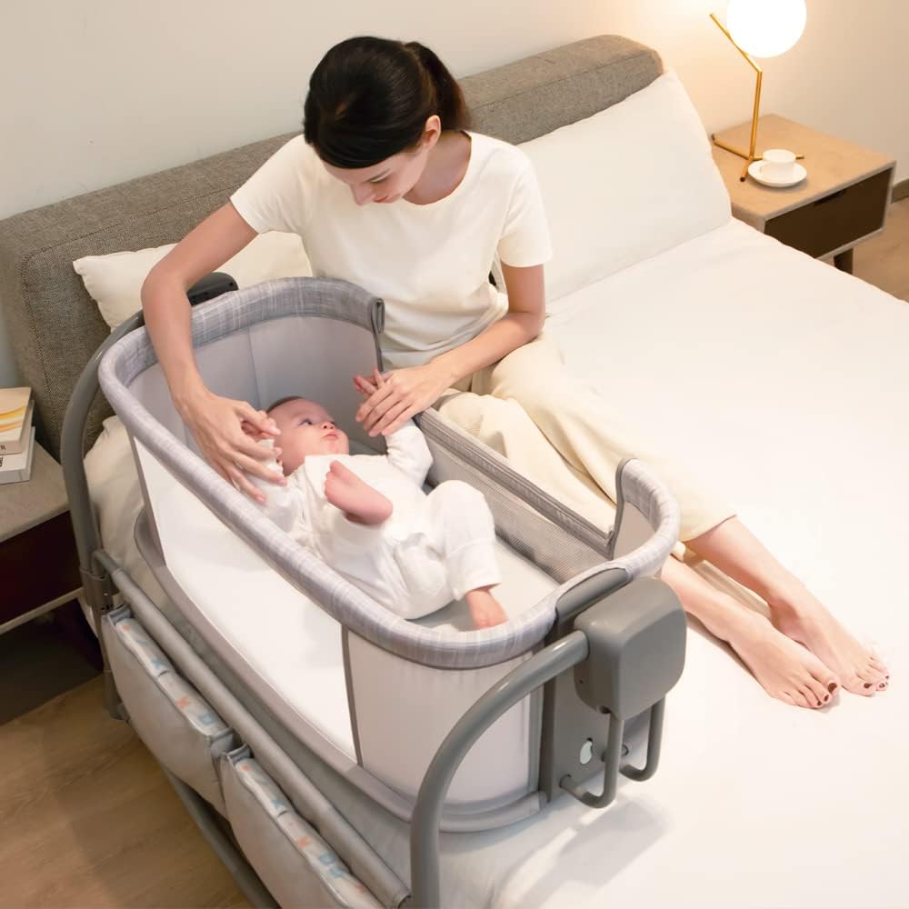 Mastela 3-in-1 Electric Swing Bedside Crib Intelligent Baby Bassinet Beside Sleeper Cradle，3 Kinds of Height Adjustment,5 Swing Speed, 3 Timing time, 15 Music, 5 Usage Modes…, Icelandic Blue Grey - Adenzo Comfies