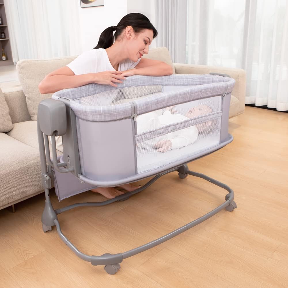 Mastela 3-in-1 Electric Swing Bedside Crib Intelligent Baby Bassinet Beside Sleeper Cradle，3 Kinds of Height Adjustment,5 Swing Speed, 3 Timing time, 15 Music, 5 Usage Modes…, Icelandic Blue Grey - Adenzo Comfies
