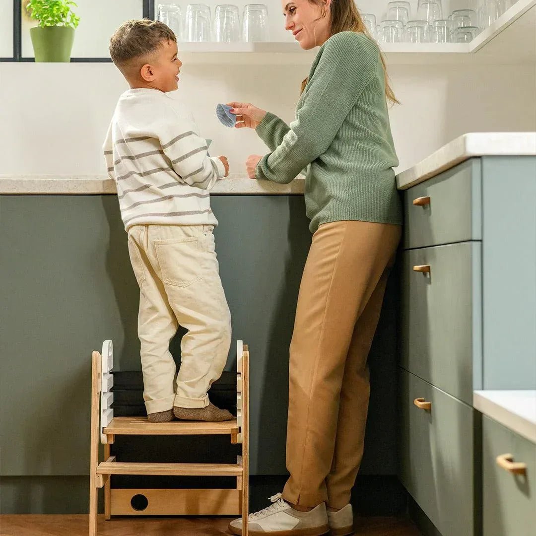 Maxi - Cosi Toucan Baby Learning Tower Wood, Montessori Toddler Step Stool, 18months - 150kg, Blackboard, Height - Adjustable Kitchen Helper, Converts into Desk+Stool, FSC® 100% Certified Wood, Natural Wood - Adenzo Comfies