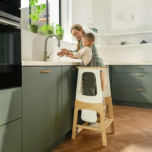 Maxi-Cosi Toucan Baby Learning Tower Wood, Montessori Toddler Step Stool, 18months-150kg, Blackboard, Height-Adjustable Kitchen Helper, Converts into Desk+Stool, FSC® 100% Certified Wood, Natural Wood - Adenzo Comfies