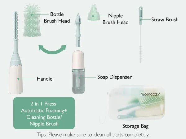 Momcozy Baby Bottle Cleaning Kit - 7 in 1 Bottle Brush Set with Silicone, Nipple, Straw Brushes, Soap Dispenser, and Drying Rack - Adenzo Comfies