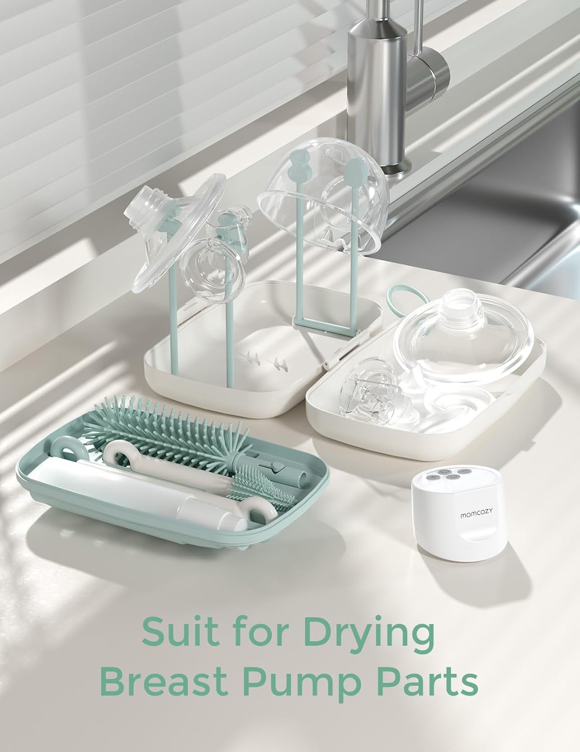 Momcozy Bottle Brush Set - Baby Bottle Cleaner Kit with Silicone Brush, Nipple Brush, Straw Brush, Soap Dispenser, Drying Rack - 7 in 1 Bottle Cleaning Tool