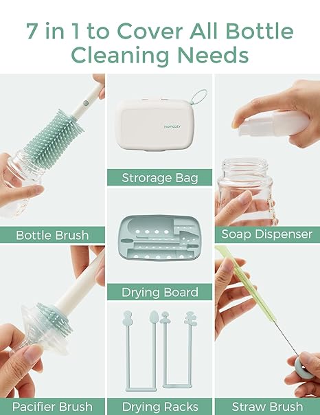 Momcozy Bottle Brush Set - Baby Bottle Cleaner Kit with Silicone Brush, Nipple Brush, Straw Brush, Soap Dispenser, Drying Rack - 7 in 1 Bottle Cleaning Tool