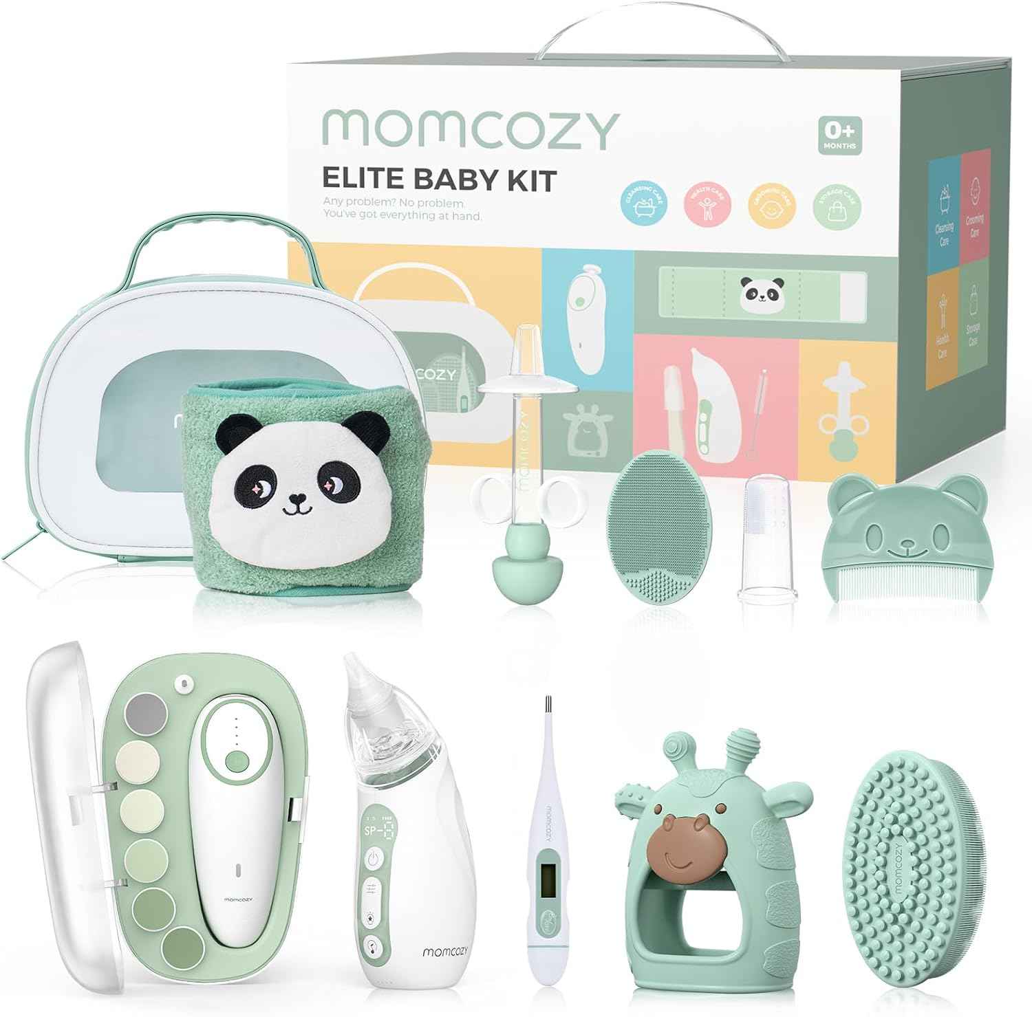 Momcozy Elite Baby Care Kit 10-Piece Newborn Essentials Set – Electric Nail Trimmer, Nasal Aspirator, Thermometer, Heated Tummy Wrap, Teether & Grooming Kit for Baby Shower Gift - Adenzo Comfies