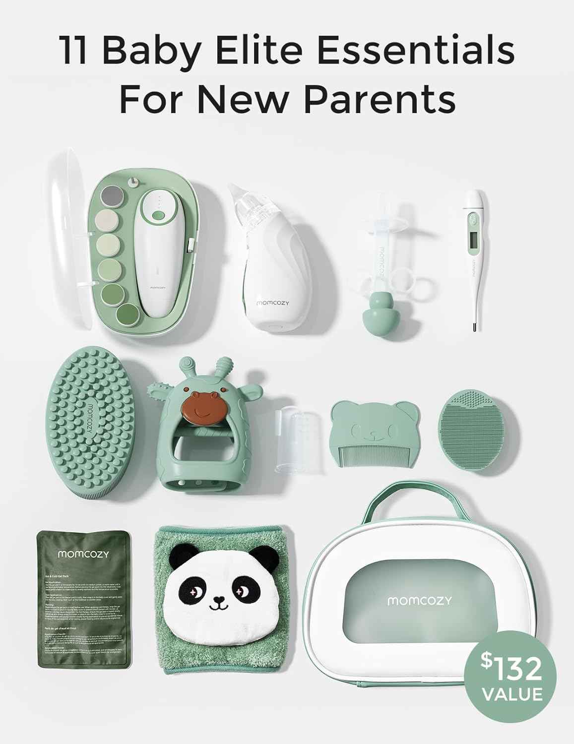 Momcozy Elite Baby Care Kit 10-Piece Newborn Essentials Set – Electric Nail Trimmer, Nasal Aspirator, Thermometer, Heated Tummy Wrap, Teether & Grooming Kit for Baby Shower Gift - Adenzo Comfies