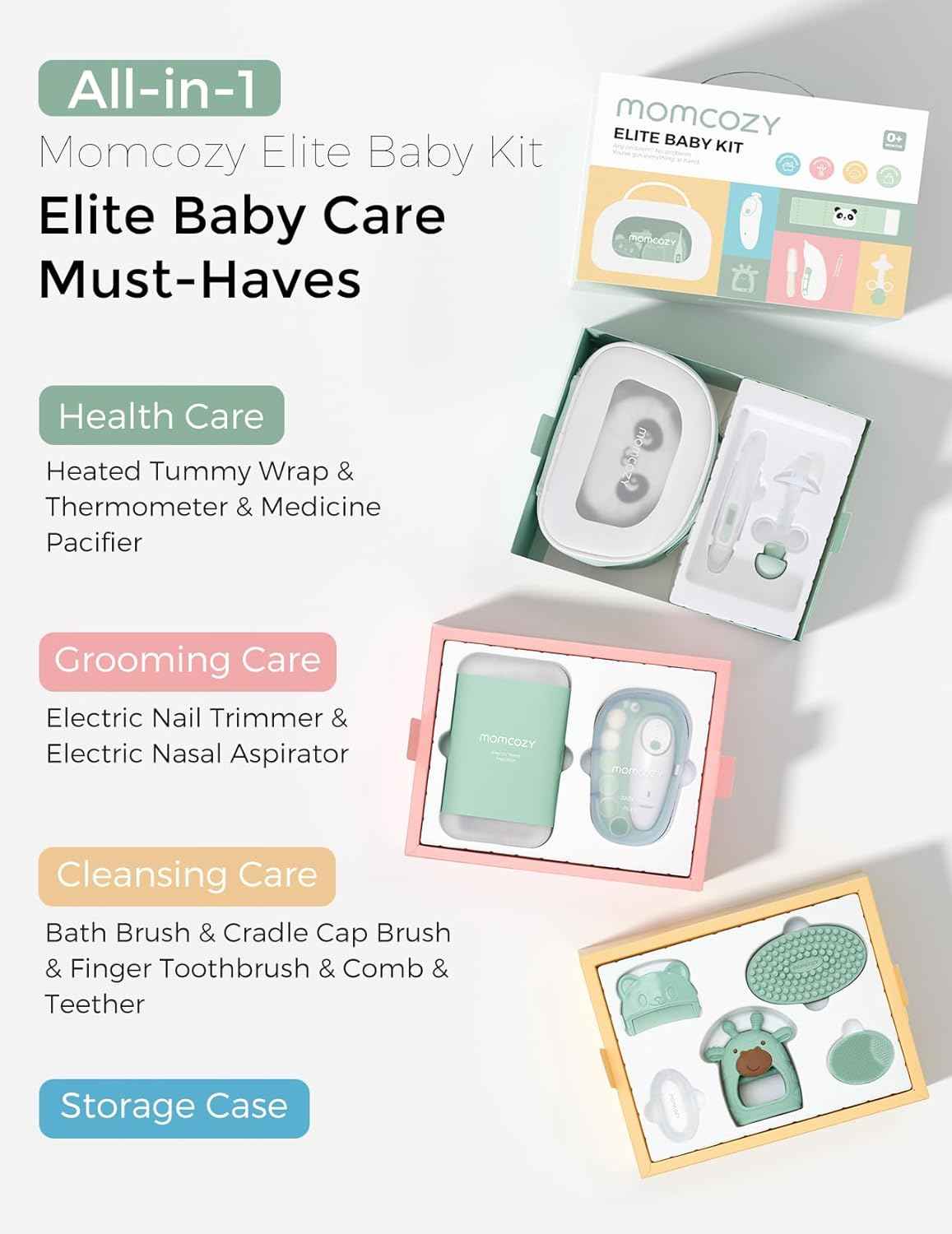 Momcozy Elite Baby Care Kit 10-Piece Newborn Essentials Set – Electric Nail Trimmer, Nasal Aspirator, Thermometer, Heated Tummy Wrap, Teether & Grooming Kit for Baby Shower Gift - Adenzo Comfies