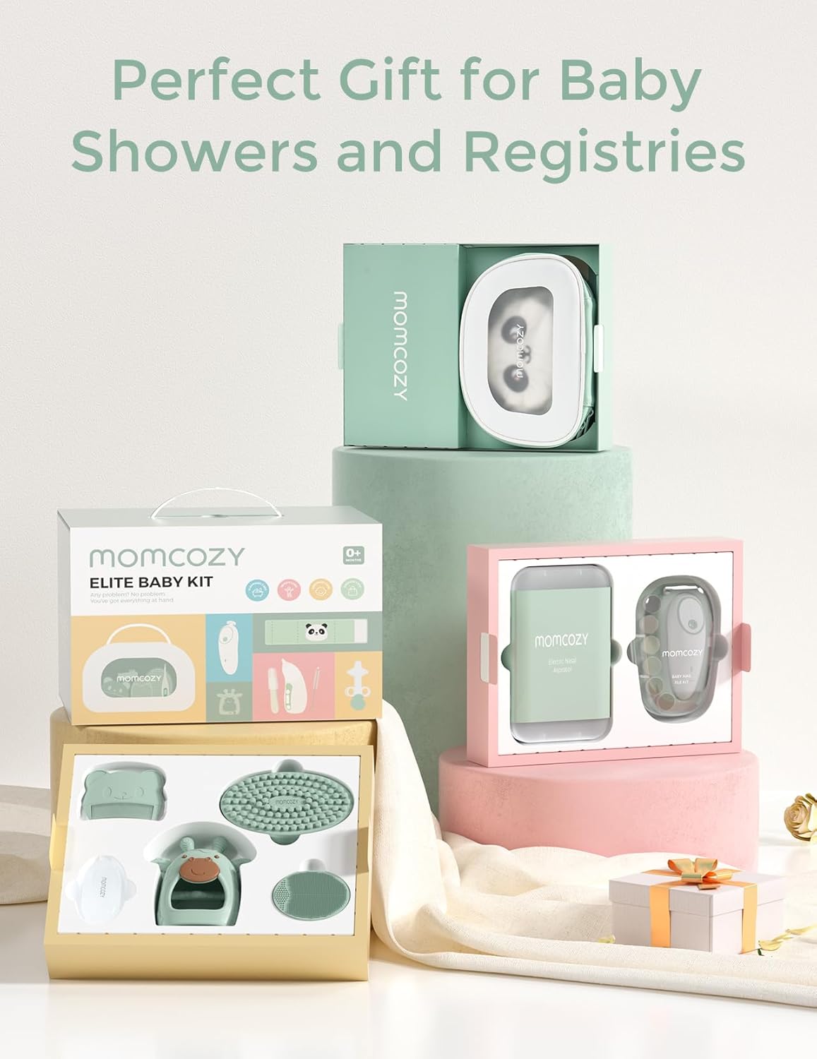 Momcozy Elite Baby Care Kit 10-Piece Newborn Essentials Set – Electric Nail Trimmer, Nasal Aspirator, Thermometer, Heated Tummy Wrap, Teether & Grooming Kit for Baby Shower Gift - Adenzo Comfies