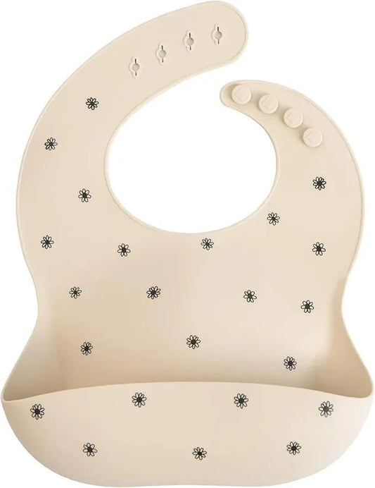 Mushie Silicone Baby Bib – Adjustable Fit Waterproof Bib – Black Daisy (SB) - Adenzo Comfies