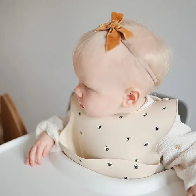 Mushie Silicone Baby Bib – Adjustable Fit Waterproof Bib – Black Daisy (SB) - Adenzo Comfies