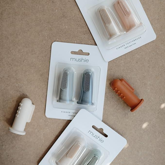 Mushie Baby Finger Toothbrush – Tradewinds/Stone – 2‑Pack - Adenzo Comfies