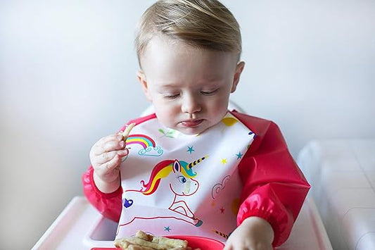 Nuby Coverall Baby Bibs 3 Pack – Waterproof Long Sleeve Weaning Bibs for Toddlers, Easy Velcro Fastening, Wipe Clean PEVA Feeding Bibs - Adenzo Comfies
