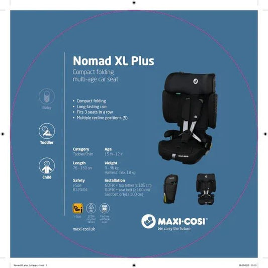 Maxi‑Cosi Nomad XL Plus Car Seat – Authent Black, Compact & Foldable (15m–12y, 6kg) - Adenzo Comfies