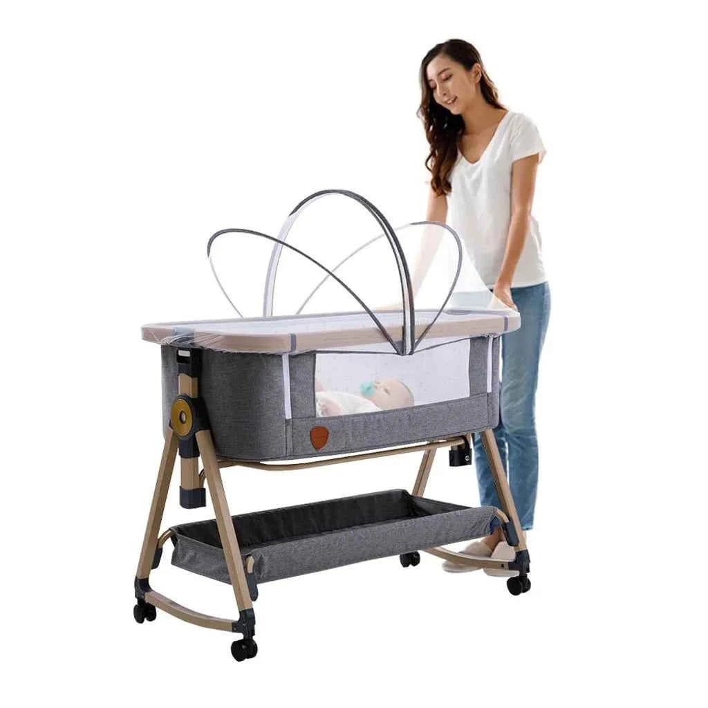 Playkids 3 - in - 1 Baby Bedside Crib with Mattress & Wheels | Adjustable Baby Cot with Mosquito Net, Storage Basket & Travel Bag - Adenzo Comfies