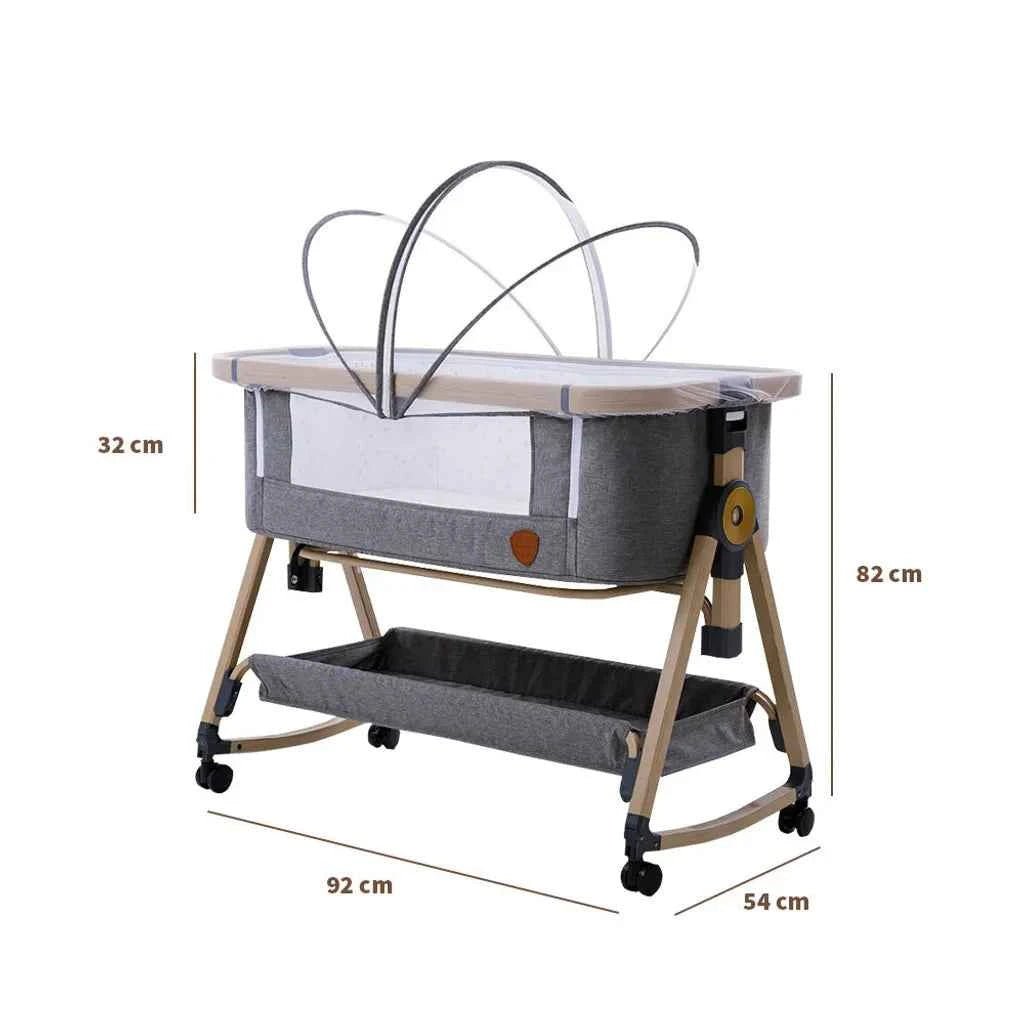 Playkids 3 - in - 1 Baby Bedside Crib with Mattress & Wheels | Adjustable Baby Cot with Mosquito Net, Storage Basket & Travel Bag - Adenzo Comfies