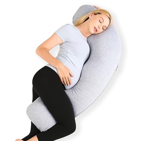 Momcozy J-Shaped Pregnancy Pillow for Side Sleeping – Soft Maternity Body Pillow with Jersey Cover for Head, Neck & Belly Support, Grey