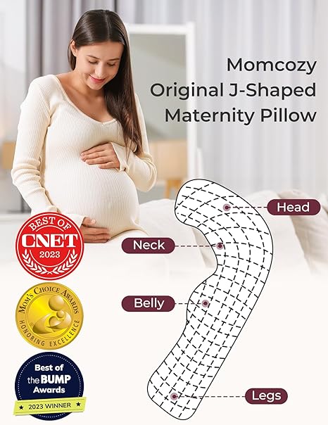 Momcozy J-Shaped Pregnancy Pillow for Side Sleeping – Soft Maternity Body Pillow with Jersey Cover for Head, Neck & Belly Support, Grey