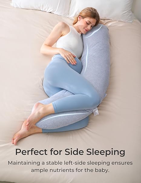 Momcozy J-Shaped Pregnancy Pillow for Side Sleeping – Soft Maternity Body Pillow with Jersey Cover for Head, Neck & Belly Support, Grey