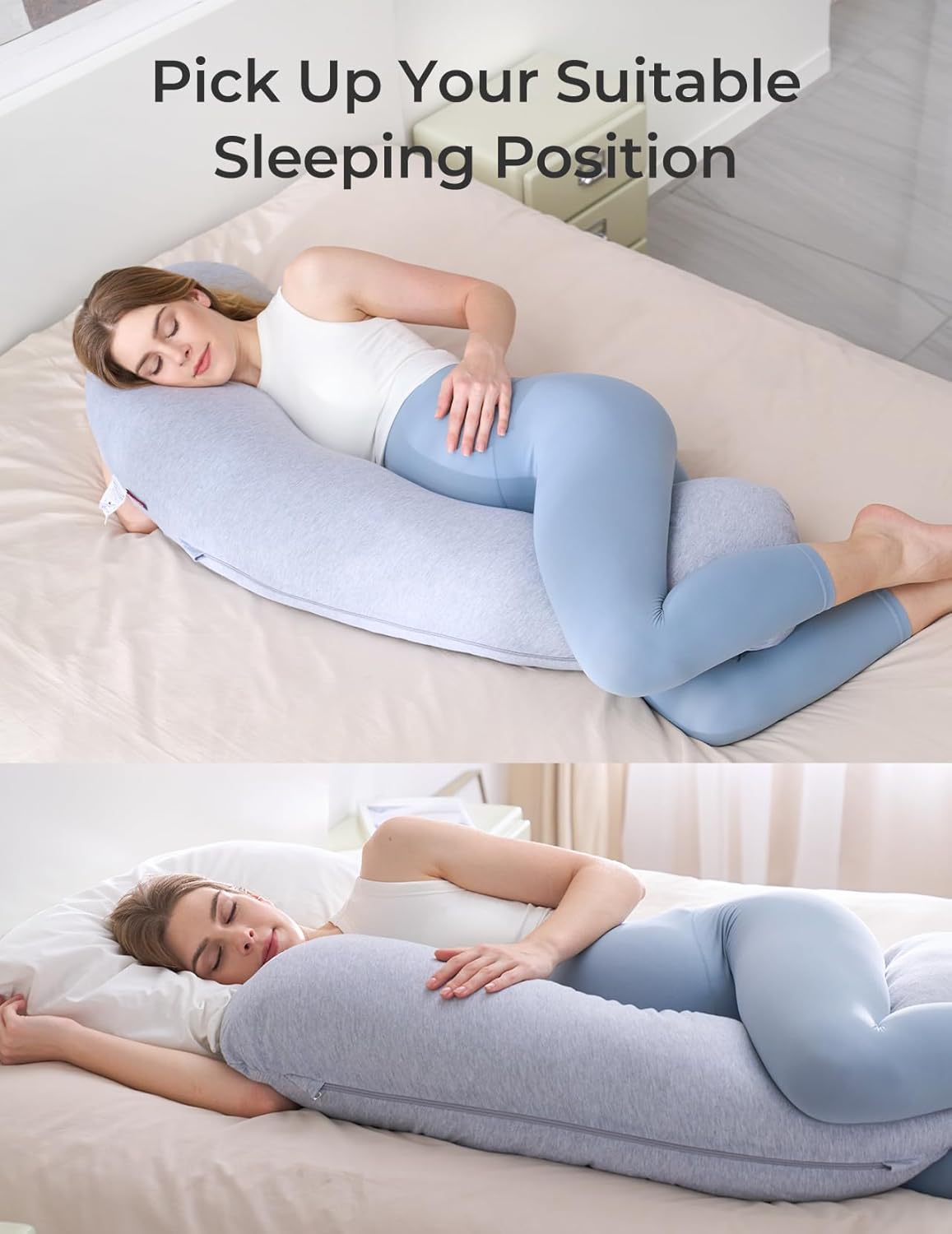 Momcozy J-Shaped Pregnancy Pillow for Side Sleeping – Soft Maternity Body Pillow with Jersey Cover for Head, Neck & Belly Support, Grey