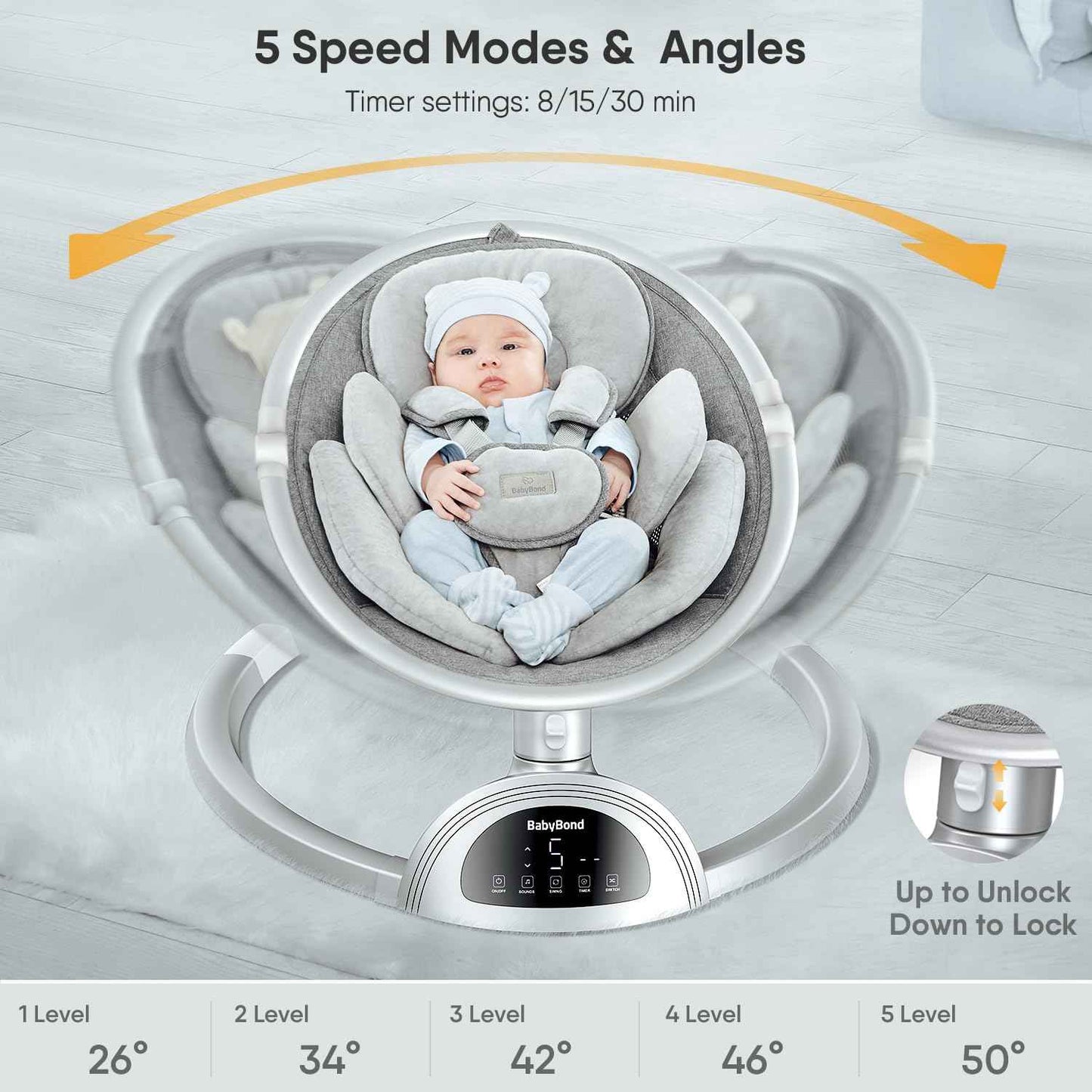 Electric Baby Swing for Infants to Toddler – 5 Sway Motions, Bluetooth Music, Remote Control, 5-Point Harness, Foldable Portable Swing with Mosquito Net (0–12 Months, Up to 20lbs)