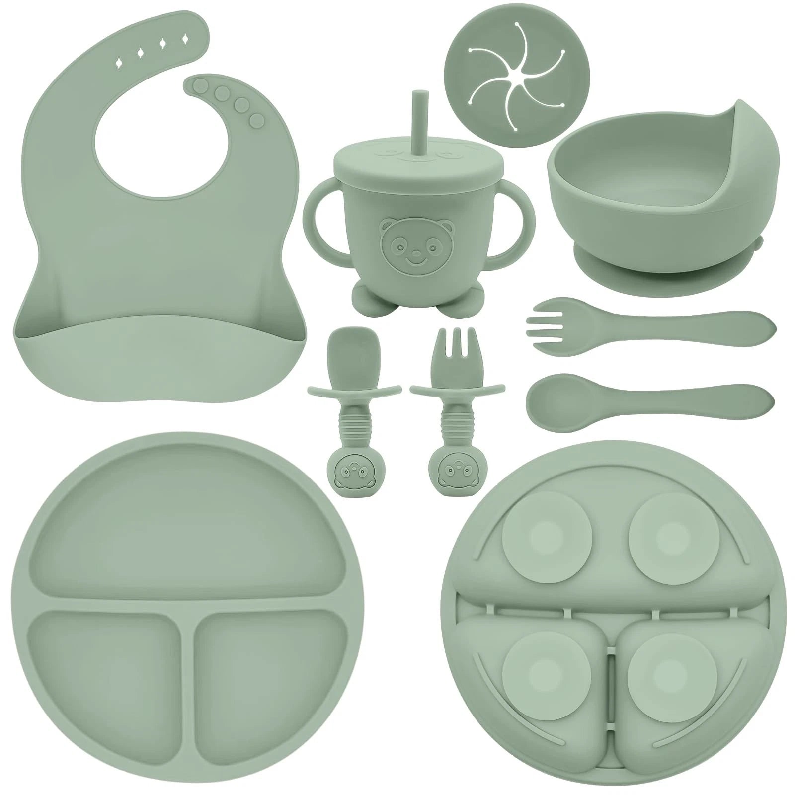 BPA Free Baby Led Weaning Supplies Set Suction Baby Plate Bowl Set Silicone Baby Set with Bib Spoon Fork Sippy Cup - Adenzo Comfies