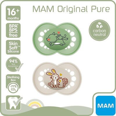 MAM Original Pure Eco Orthodontic Silicone Soother/Pacifier 16m+ Green Fox/Bunny - Adenzo Comfies