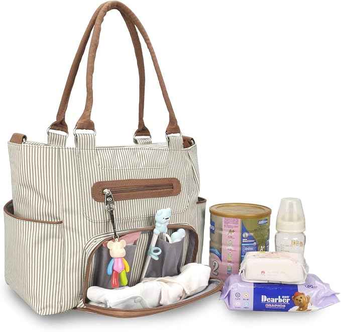 Little Story Diaper Bag  – Waterproof Multi-Compartment Baby Nappy Bag with Stroller Straps, Large Capacity Maternity Travel Tote (Ivory)