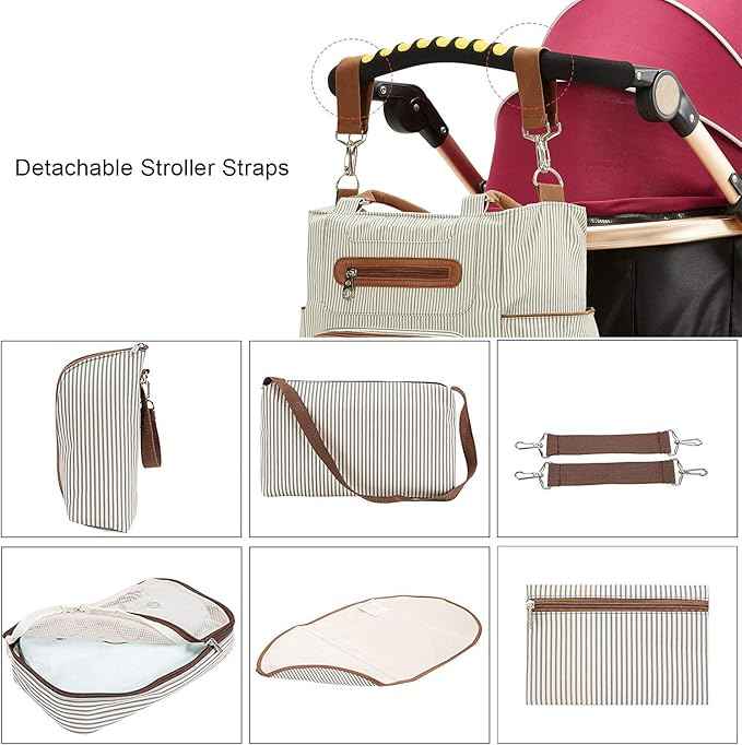 Little Story Diaper Bag  – Waterproof Multi-Compartment Baby Nappy Bag with Stroller Straps, Large Capacity Maternity Travel Tote (Ivory)