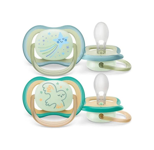 Philips Avent Ultra Air Nighttime Soothers - Orthodontic Design, for Babies 0-6 Months, Glow in The Dark, Soft Silicone Symmetrical Teat, BPA-Free, with Sterilizing Case, 2 Pack SCF376/18 - Adenzo Comfies