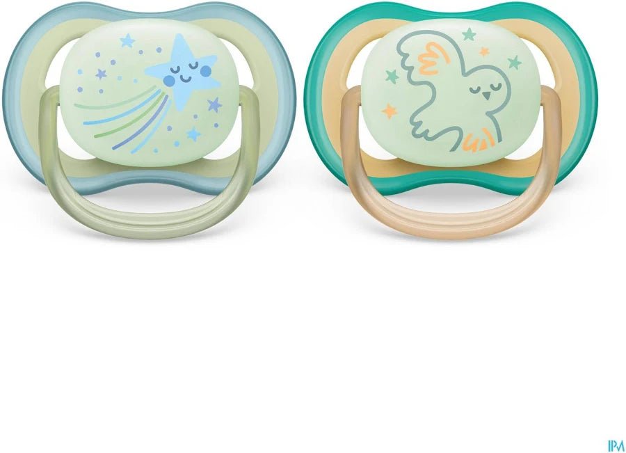Philips Avent Ultra Air Nighttime Soothers - Orthodontic Design, for Babies 0-6 Months, Glow in The Dark, Soft Silicone Symmetrical Teat, BPA-Free, with Sterilizing Case, 2 Pack SCF376/18 - Adenzo Comfies