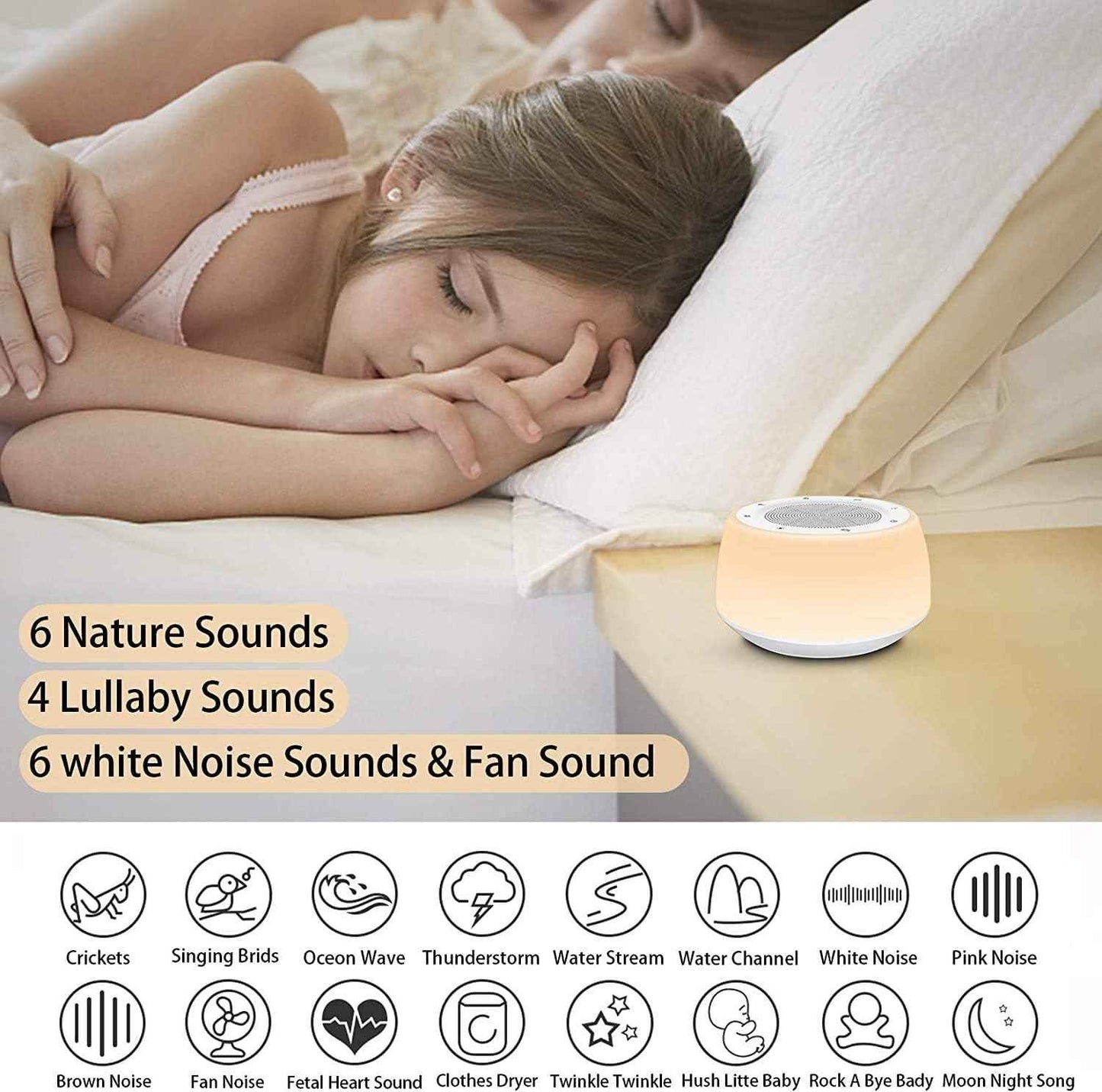 White Noise Sleep Sound Machine with Night Light | 16 Soothing Sounds for Babies, Kids & Adult - Adenzo Comfies