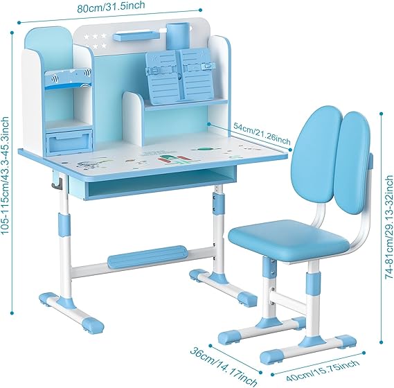 Kids Height Adjustable Study Desk and Chair Set with Sitting Corrector – Ergonomic Children’s School Table with Book Stand, Foot Pedal, Drawer Storage, Dual Back Support - Adenzo Comfies