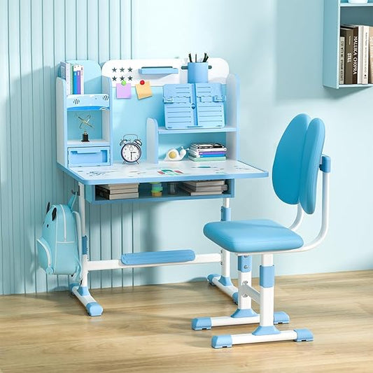 Kids Height Adjustable Study Desk and Chair Set with Sitting Corrector – Ergonomic Children’s School Table with Book Stand, Foot Pedal, Drawer Storage, Dual Back Support - Adenzo Comfies