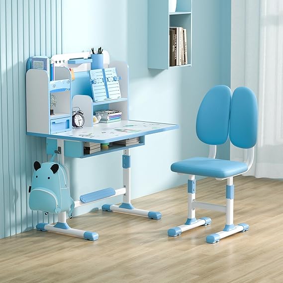 Kids Height Adjustable Study Desk and Chair Set with Sitting Corrector – Ergonomic Children’s School Table with Book Stand, Foot Pedal, Drawer Storage, Dual Back Support - Adenzo Comfies