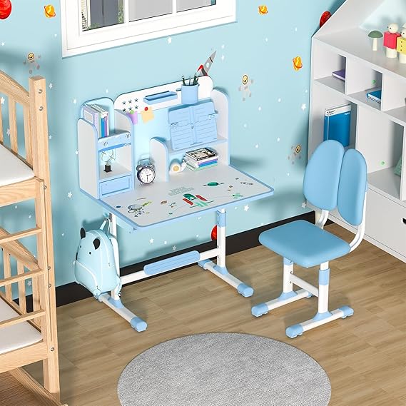 Kids Height Adjustable Study Desk and Chair Set with Sitting Corrector – Ergonomic Children’s School Table with Book Stand, Foot Pedal, Drawer Storage, Dual Back Support - Adenzo Comfies