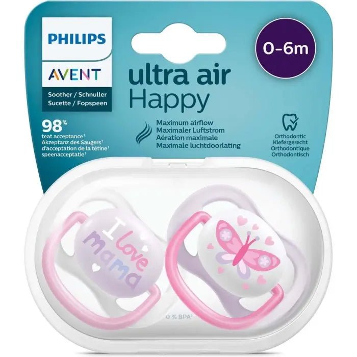 Philips Avent SCF080/01 Ultra Air Pacifier, for 0-6m, Orthodontic & BPA-Free, 2 pcs, Including Sterilizer/Carrying Case, SCF080/01 Light Green/Dark Blue and Light Blue/Orange - Adenzo Comfies