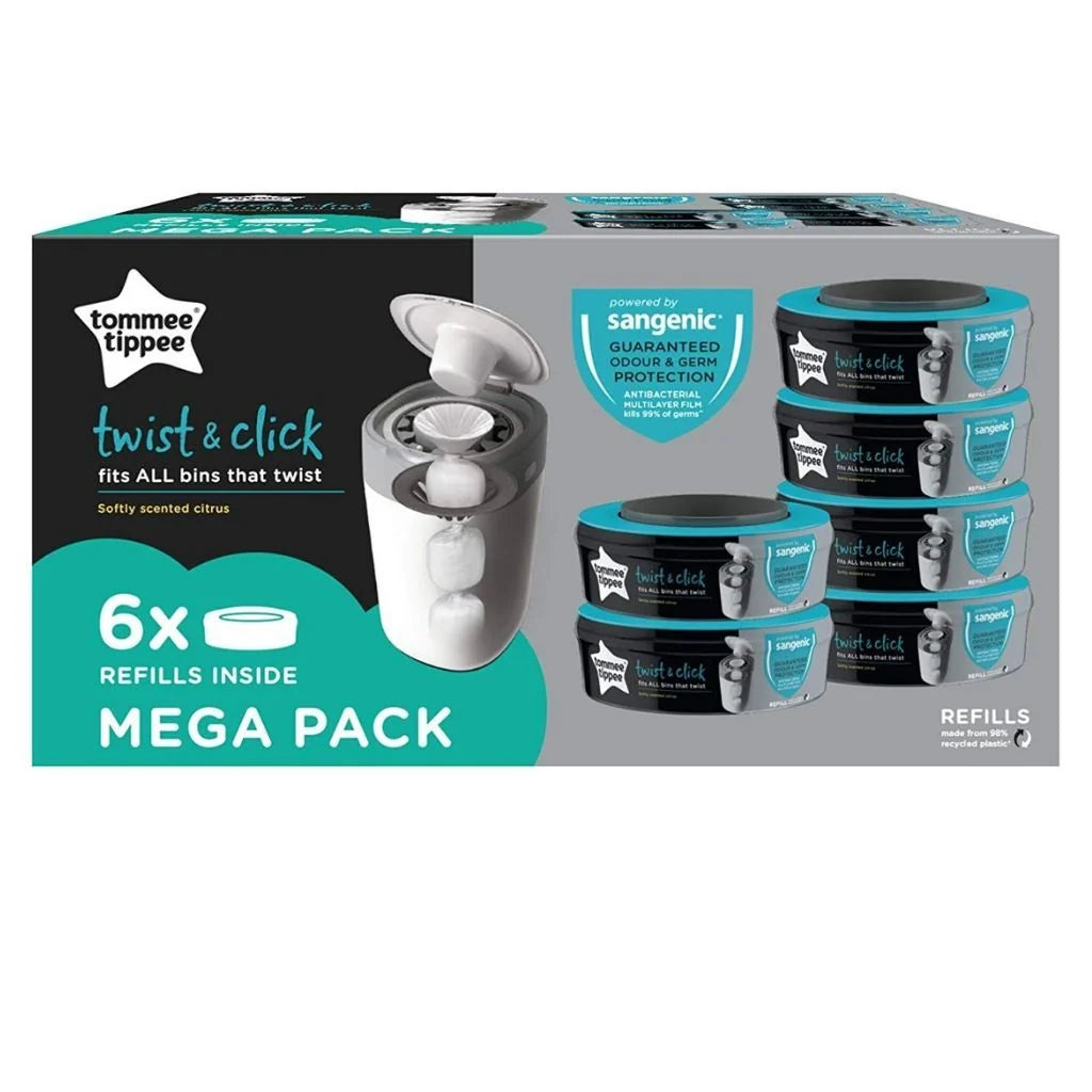 Tommee Tippee Twist and Click Nappy Bin Refill Cassettes, Pack of 6 Refill Cassettes with Multilayer, Antibacterial Film for Odour and Germ Protection.