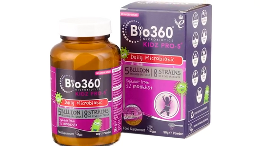 Natures Aid Bio360 Kidz Pro-5 Daily Microbiotic Powder 90g for Children 12 Months to 12 Years - 5 Billion Friendly Bacteria - Sugar Free Vegan Non-GMO Gluten-Free