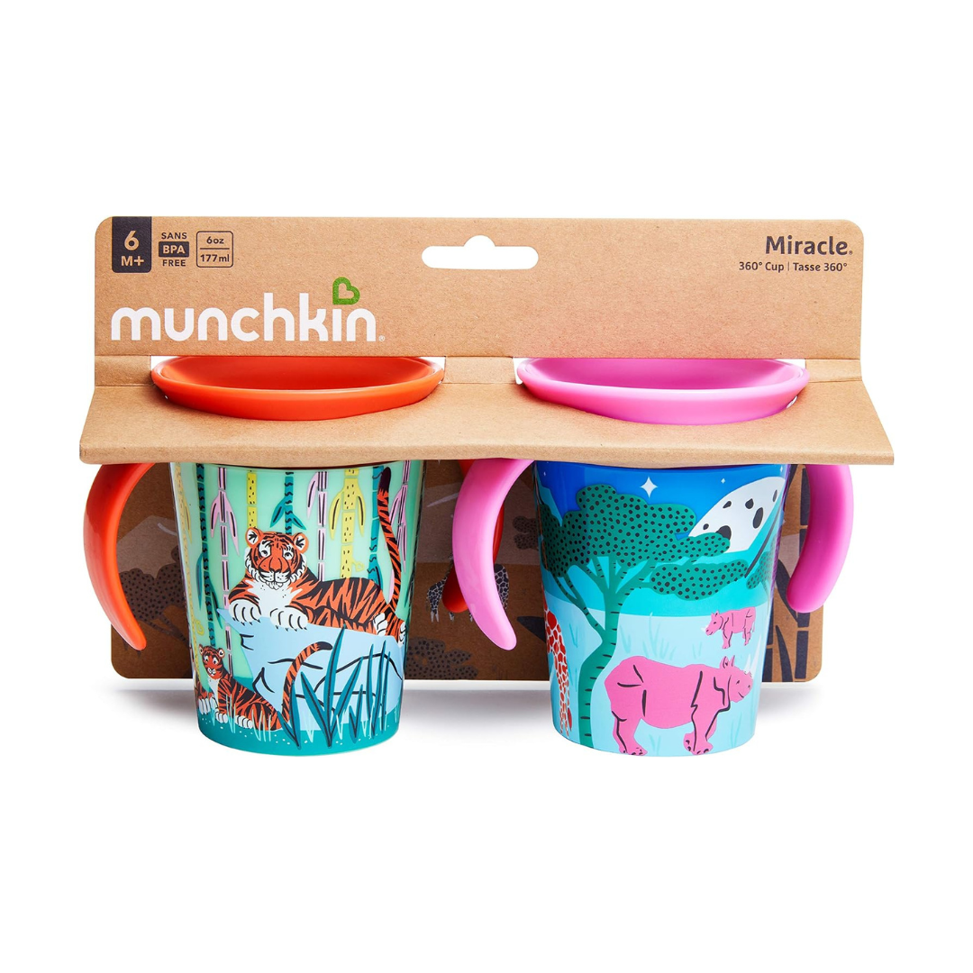 Munchkin Miracle 360 Wildlove Trainer Cup, 6 Oz, 2 Pack, Tiger/Rhino - Adenzo Comfies
