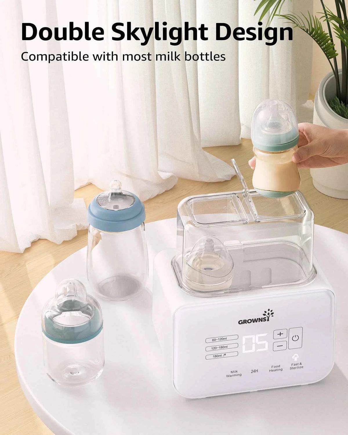 Grownsy 8-in-1 Baby Bottle & Milk Warmer with Timer, Dual Bottle Warming and Steam Sterilizer