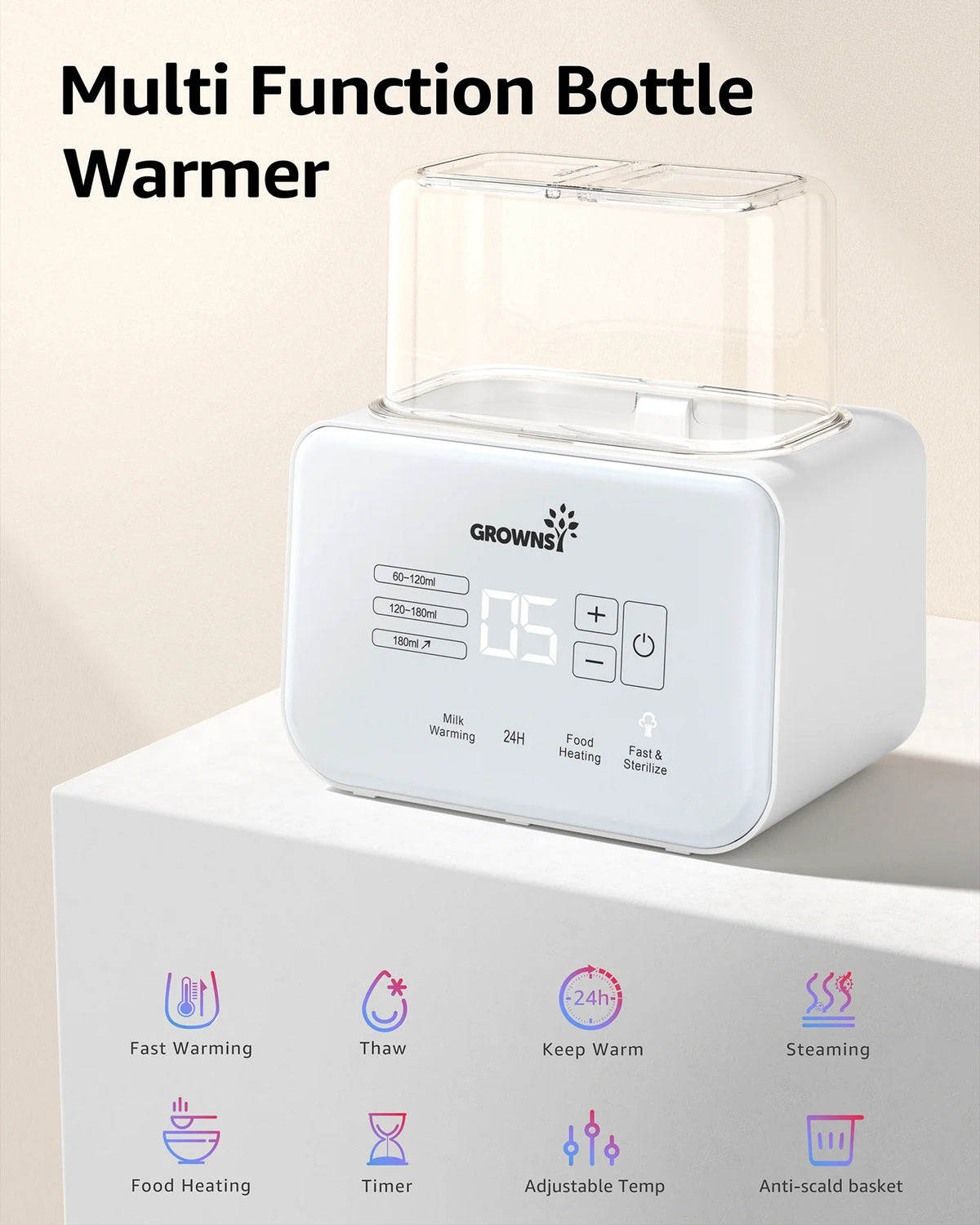 Grownsy 8-in-1 Baby Bottle & Milk Warmer with Timer, Dual Bottle Warming and Steam Sterilizer