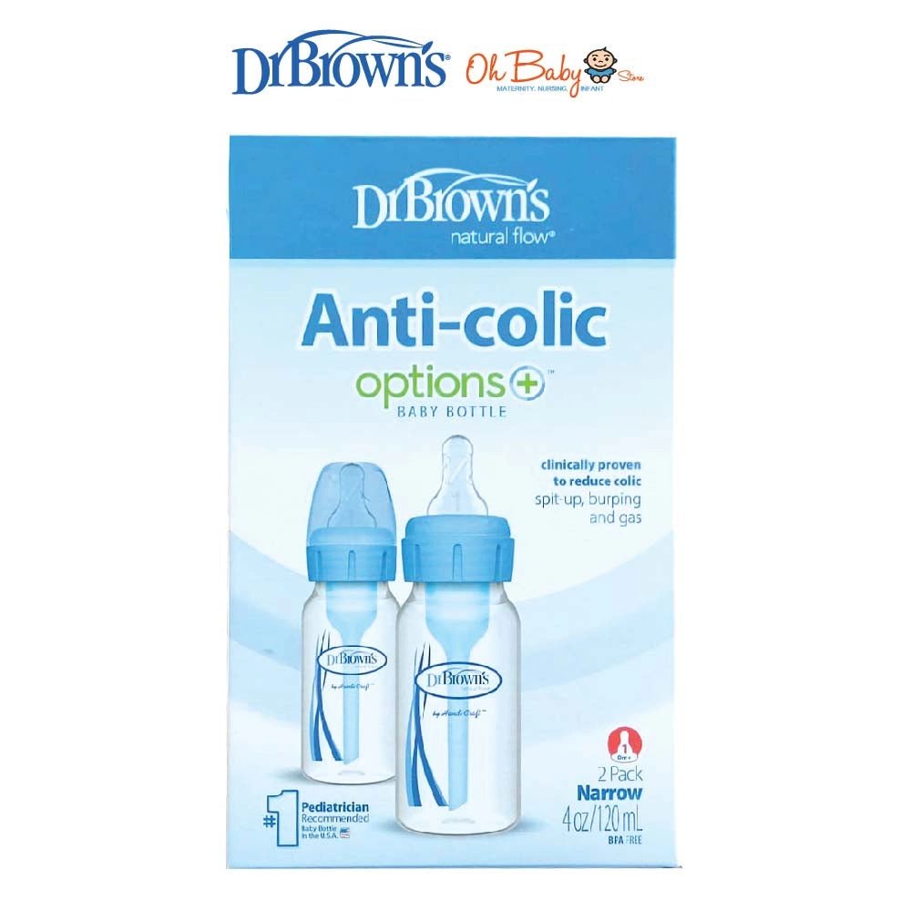 Dr. Brown's Anti - Colic Options+ Narrow Glass Baby Bottle with Level 1 Slow Flow Nipple, BPA - Free, 4 oz/120 mL, 0m+, 2 Count, 1 - Pack - Adenzo Comfies